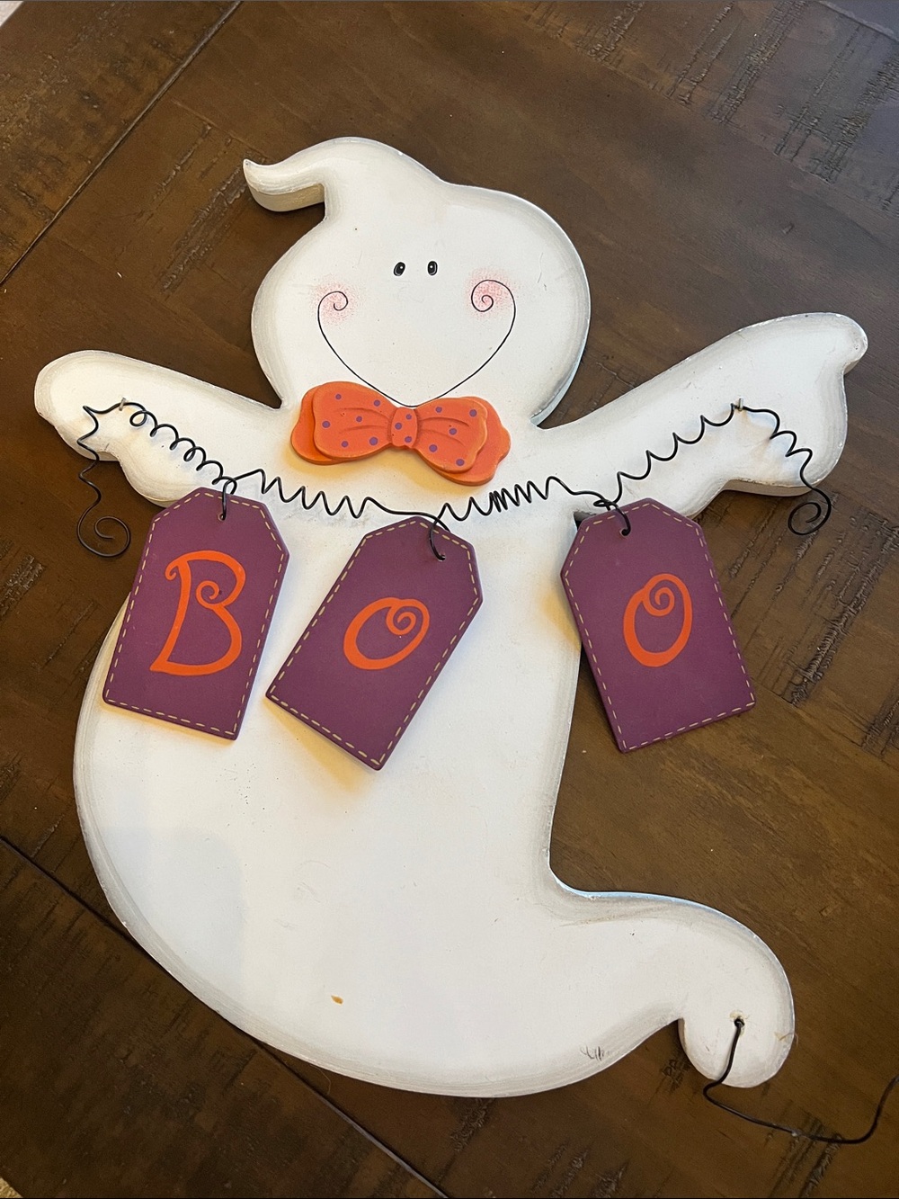 White Ghost Wall Accent with Purple "BOO" Tags and Orange Bow